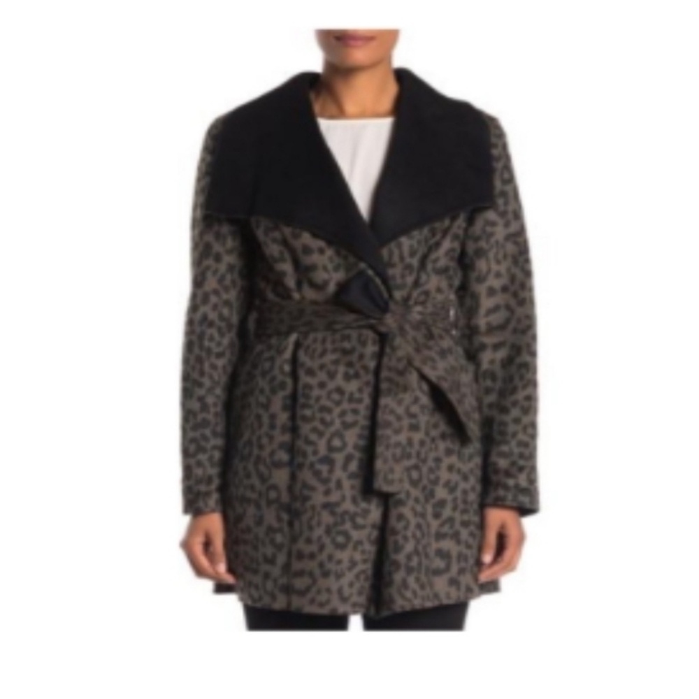 Tahari Ella Leopard Double Faced Wool Blend Wrap‎ Belted Coat Size Medium